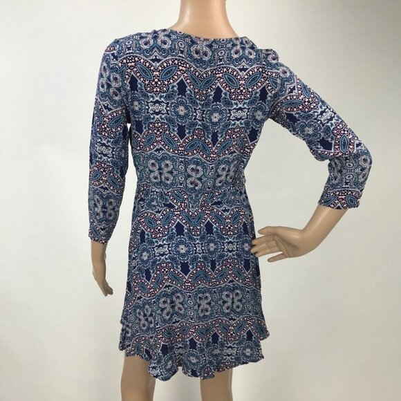 EXPRESS Boho Paisley Print Long Sleeve Belted V-Neck‎ Mini A-line Dress 70s - Picture 5 of 7